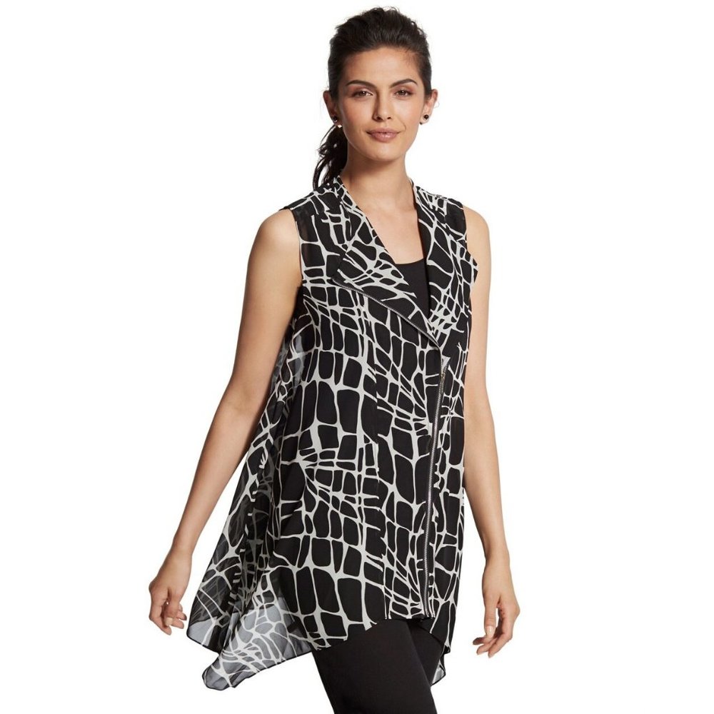 Chico's Zip Moto Jacket Black-And-White Vest Animal Print 1 8 10 12